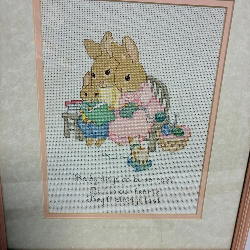 Handmade Framed Cross Stitch Nursery Art Bunny Family Baby Days Poem Cottage